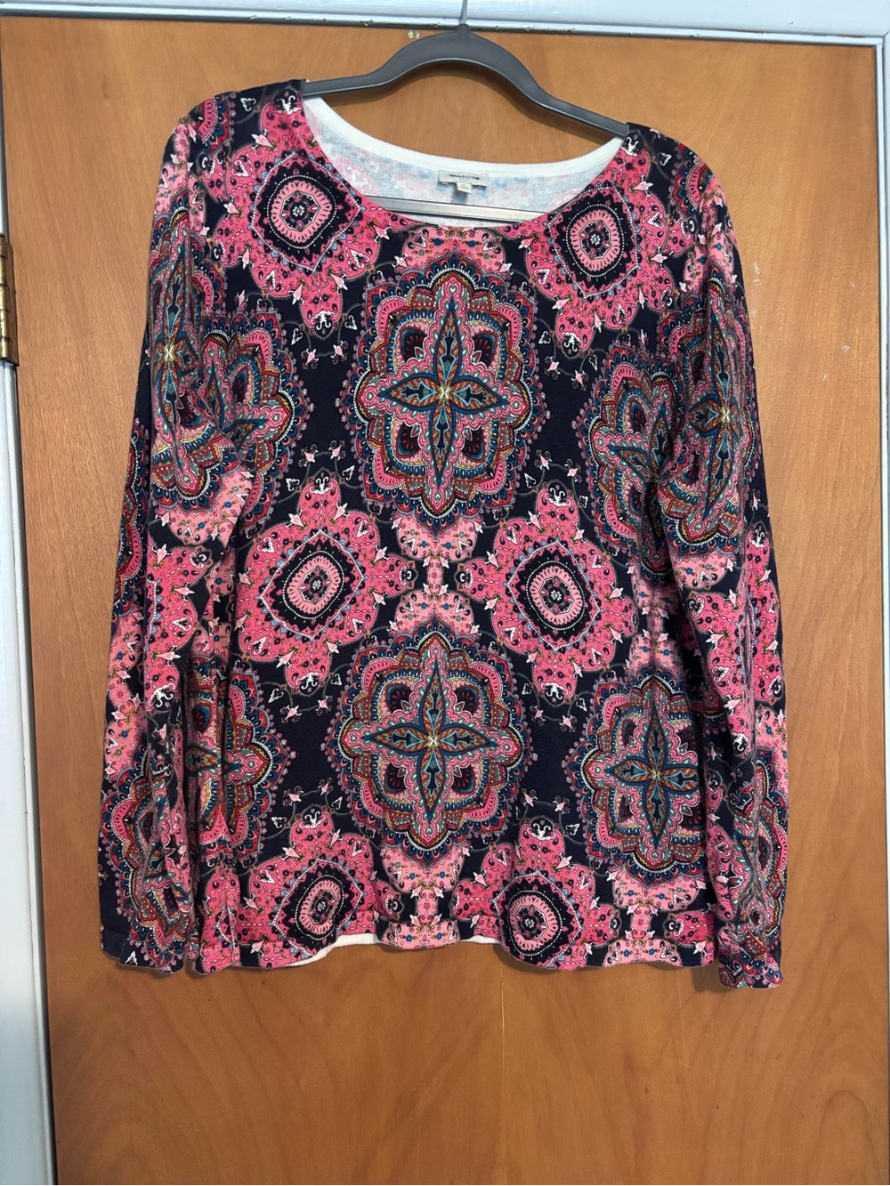Talbots Navy and Pink Medallion Crewneck Sweater